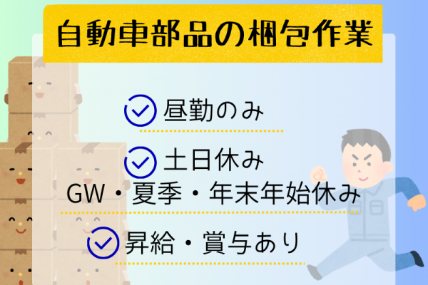 【犬山市】自動車部品梱包作業/土日休み/昼勤のみ イメージ