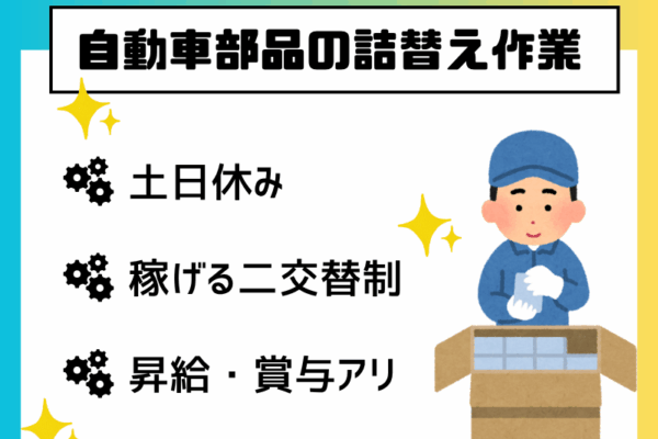 【飛島村】自動車部品の詰替え/二交替制/土日休み イメージ
