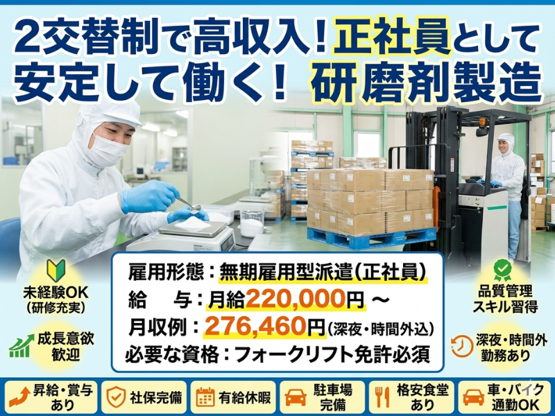 【各務原】研磨剤製造・運搬業務/4勤2休/車通勤OK！ イメージ
