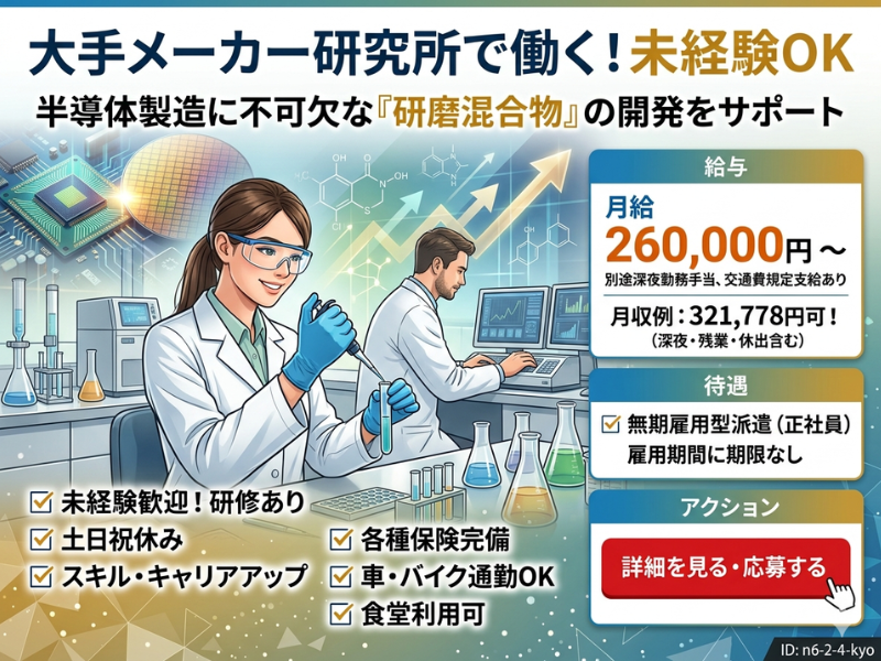【各務原】研磨材の試験補助/二交替制/土日祝休み イメージ